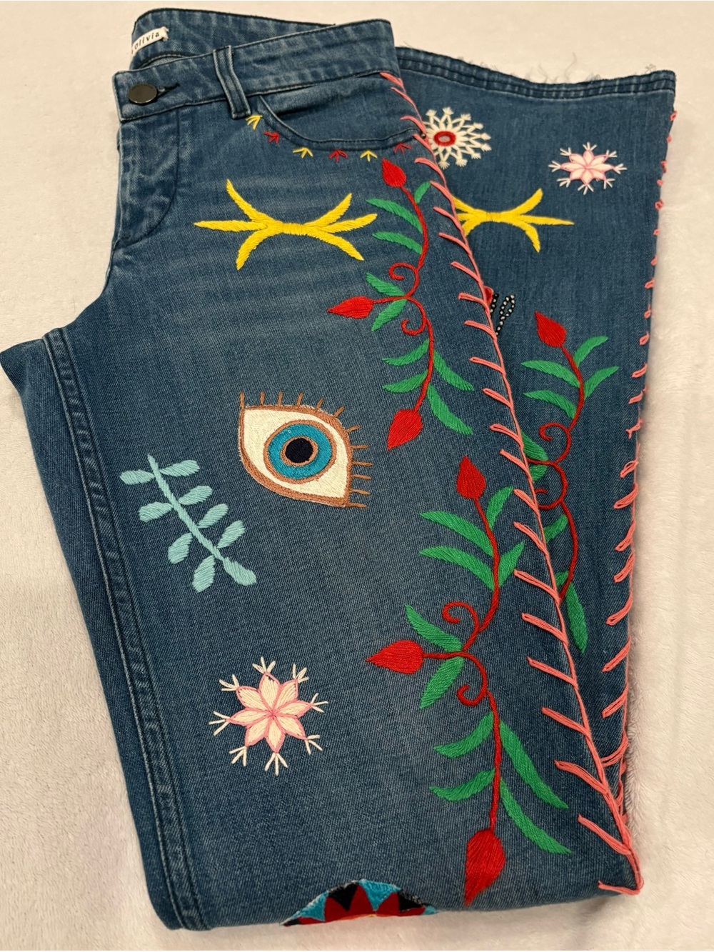 Alice + Olivia Embroidered Flare Jeans Boho Elephant Butterfly Floral Raw Hem - - Picture 1 of 16